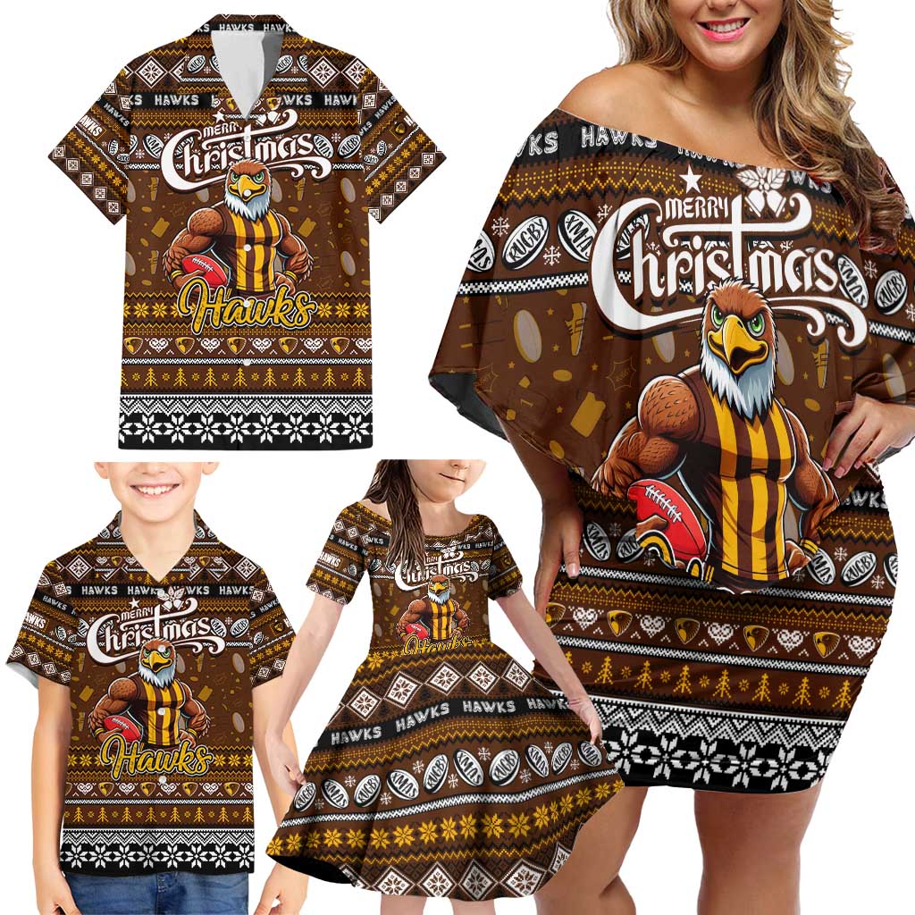 Personalized Hawks Rugby Xmas Family Matching Off Shoulder Short Dress and Hawaiian Shirt Australia AFL Mascot