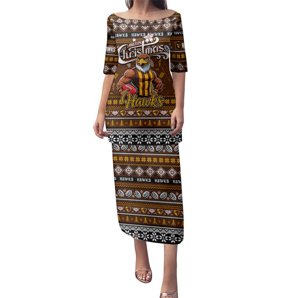 Personalized Hawks Rugby Xmas Family Matching Puletasi and Hawaiian Shirt Australia AFL Mascot