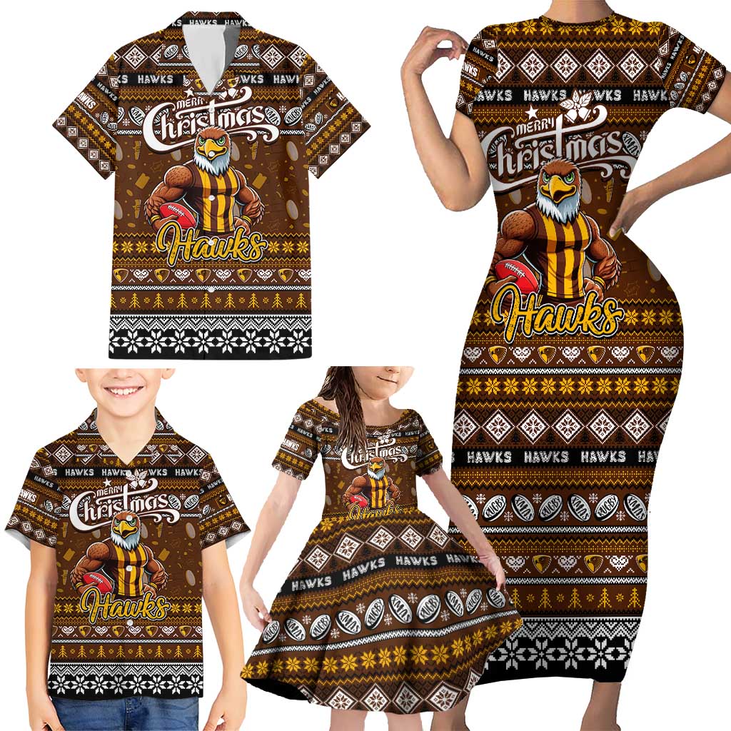 Personalized Hawks Rugby Xmas Family Matching Short Sleeve Bodycon Dress and Hawaiian Shirt Australia AFL Mascot