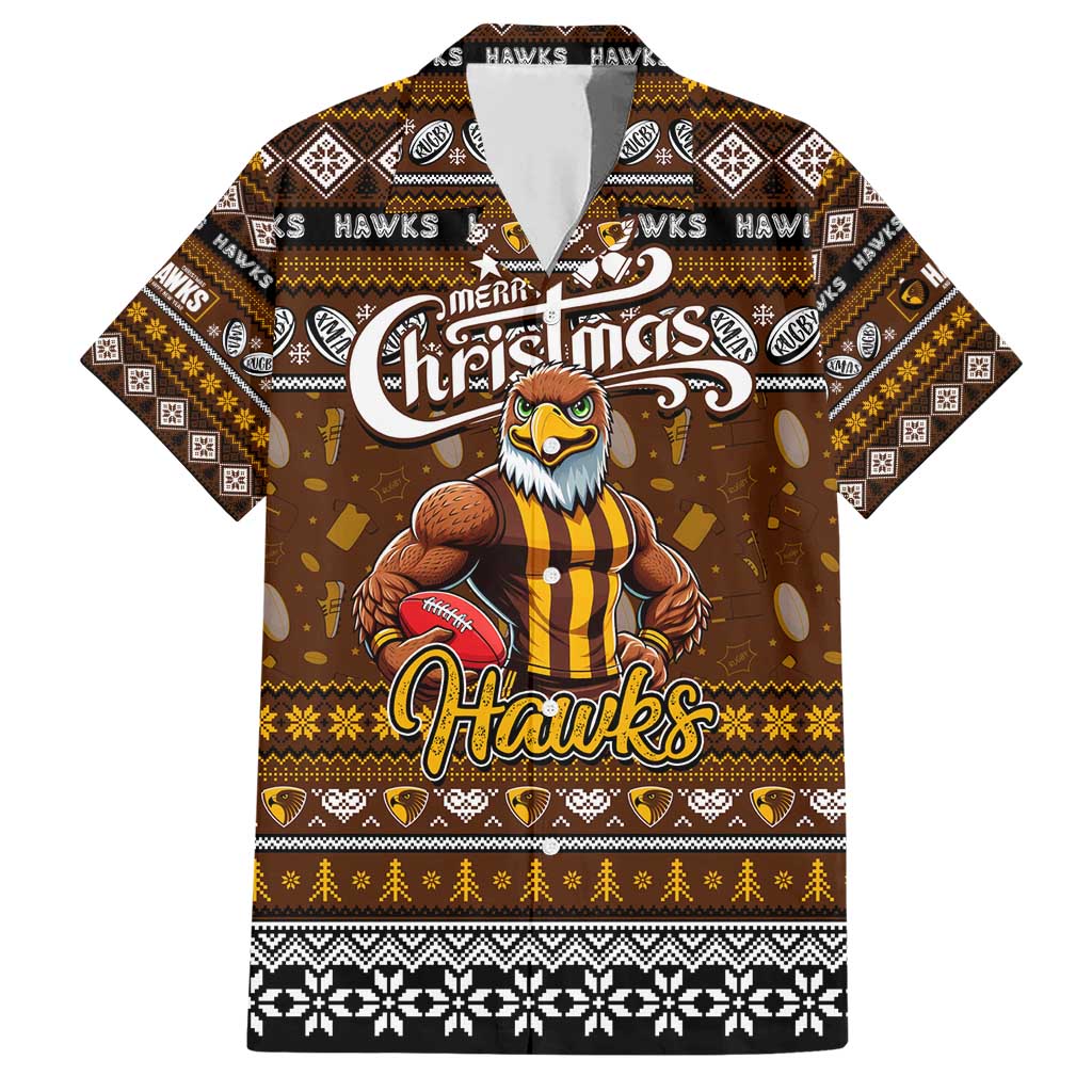 Personalized Hawks Rugby Xmas Family Matching Short Sleeve Bodycon Dress and Hawaiian Shirt Australia AFL Mascot