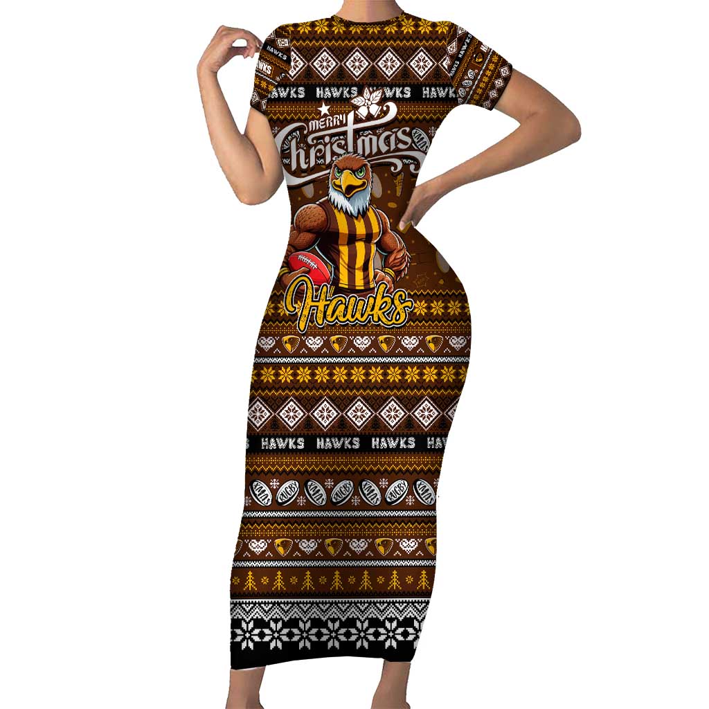 Personalized Hawks Rugby Xmas Family Matching Short Sleeve Bodycon Dress and Hawaiian Shirt Australia AFL Mascot