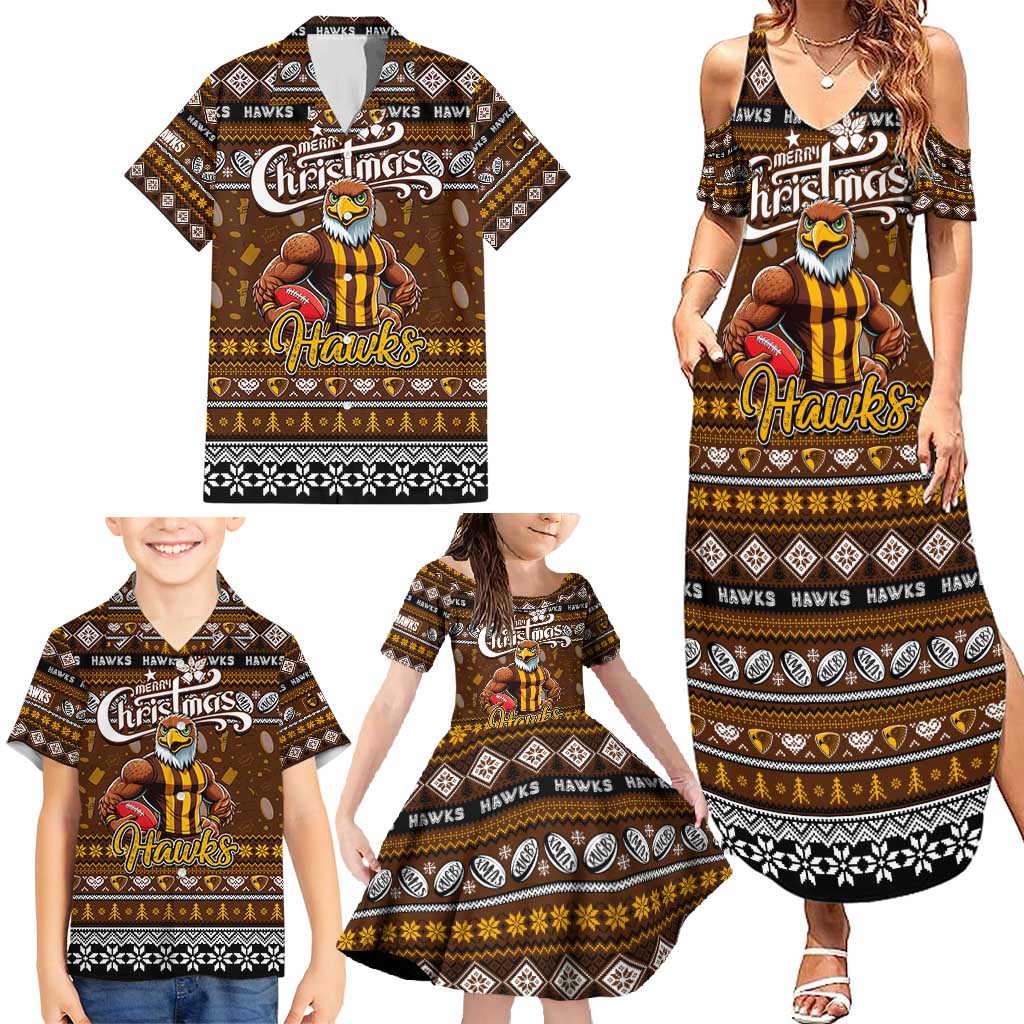Personalized Hawks Rugby Xmas Family Matching Summer Maxi Dress and Hawaiian Shirt Australia AFL Mascot