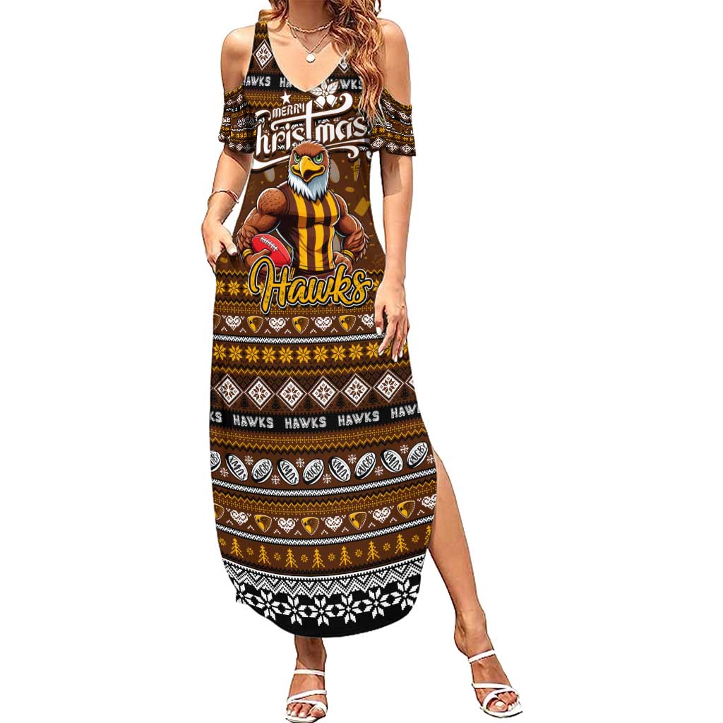 Personalized Hawks Rugby Xmas Family Matching Summer Maxi Dress and Hawaiian Shirt Australia AFL Mascot
