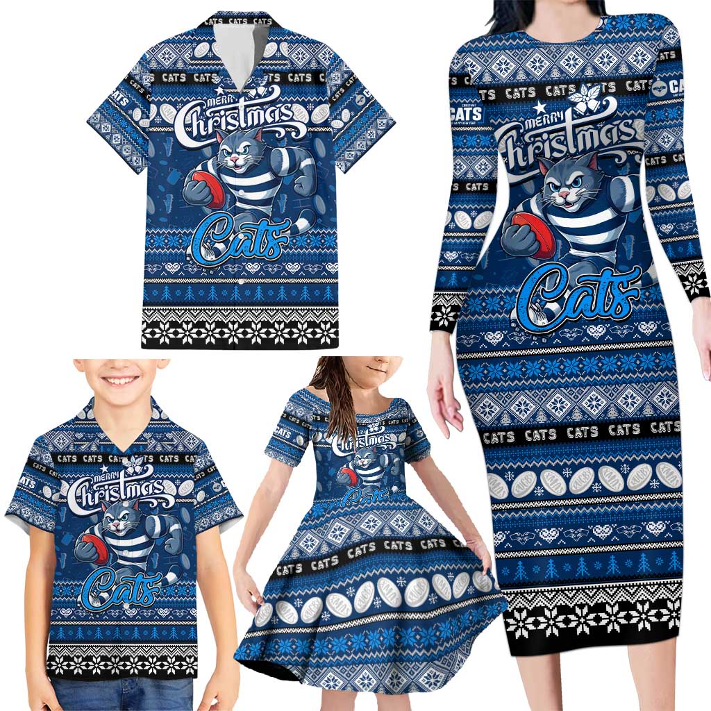 Personalized Cats Rugby Xmas Family Matching Long Sleeve Bodycon Dress and Hawaiian Shirt Australia AFL Mascot