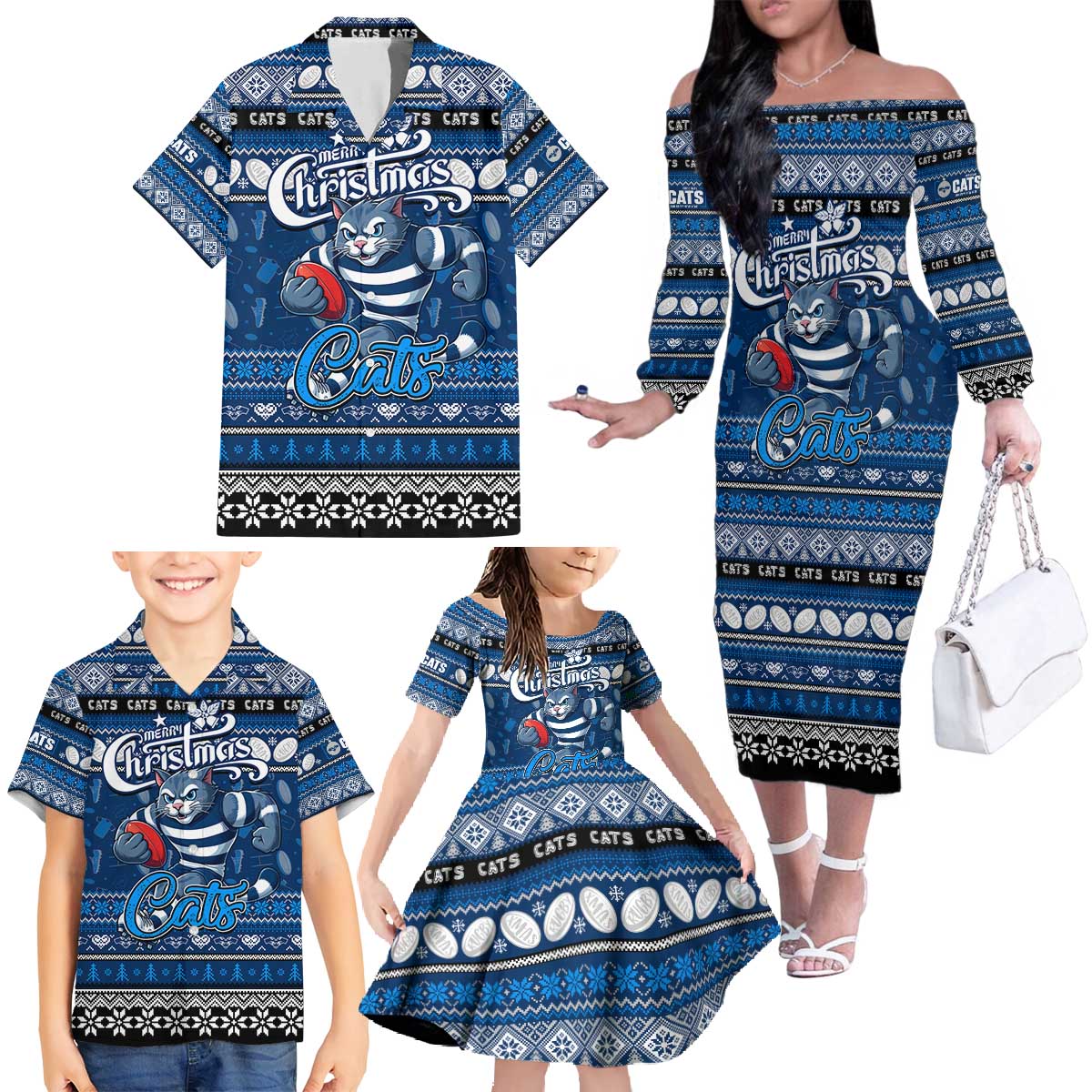 Personalized Cats Rugby Xmas Family Matching Off The Shoulder Long Sleeve Dress and Hawaiian Shirt Australia AFL Mascot