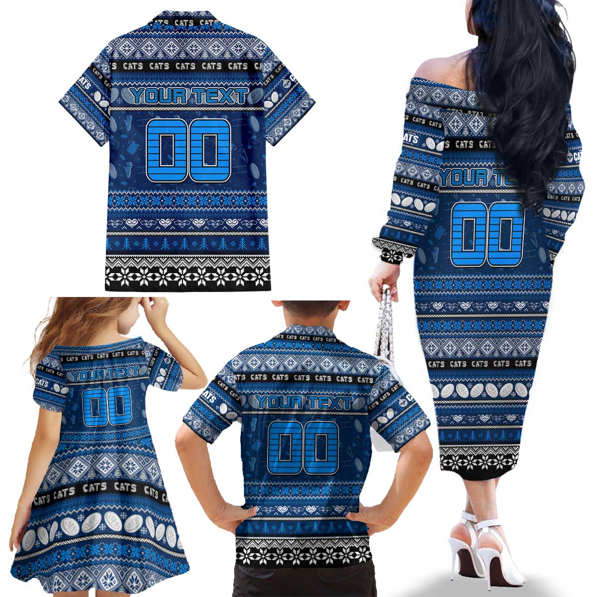 Personalized Cats Rugby Xmas Family Matching Off The Shoulder Long Sleeve Dress and Hawaiian Shirt Australia AFL Mascot