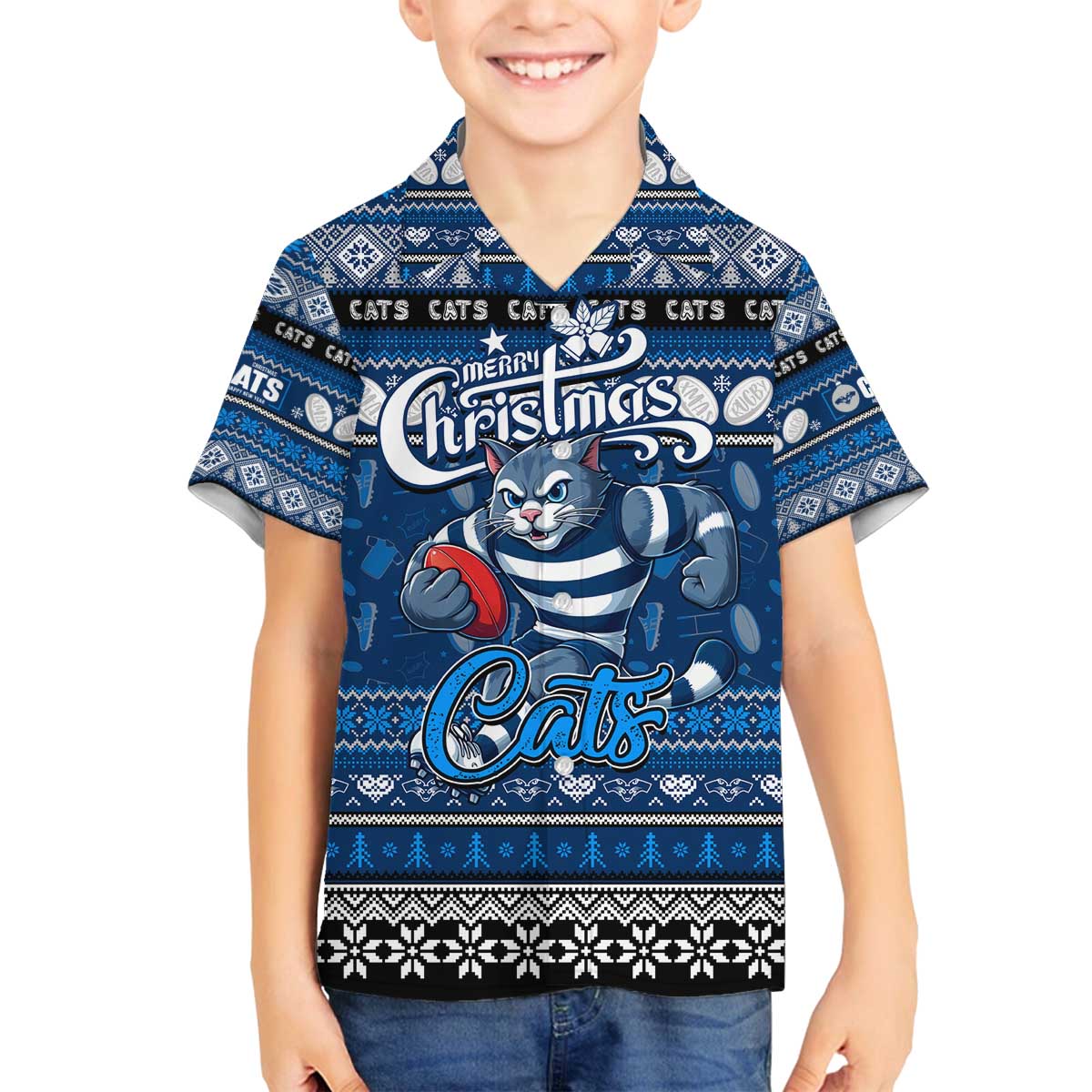 Personalized Cats Rugby Xmas Family Matching Off The Shoulder Long Sleeve Dress and Hawaiian Shirt Australia AFL Mascot