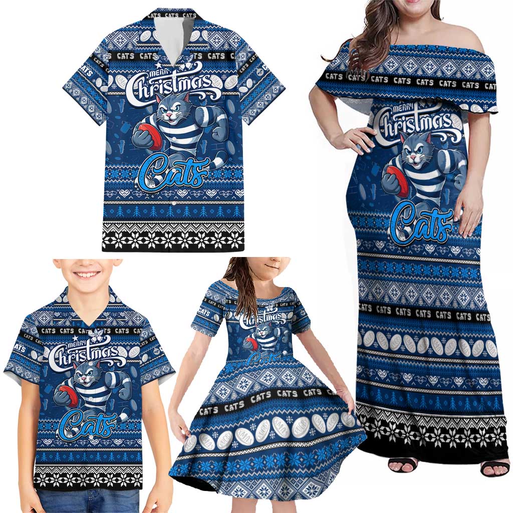 Personalized Cats Rugby Xmas Family Matching Off Shoulder Maxi Dress and Hawaiian Shirt Australia AFL Mascot