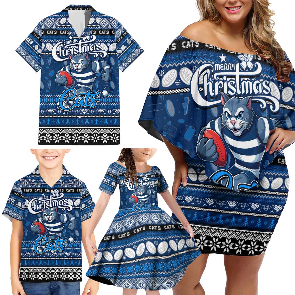 Personalized Cats Rugby Xmas Family Matching Off Shoulder Short Dress and Hawaiian Shirt Australia AFL Mascot