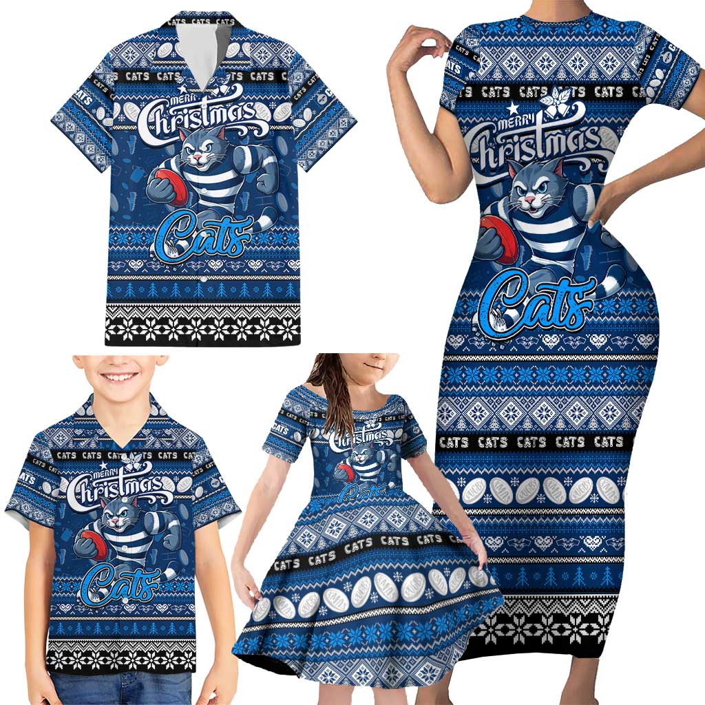 Personalized Cats Rugby Xmas Family Matching Short Sleeve Bodycon Dress and Hawaiian Shirt Australia AFL Mascot