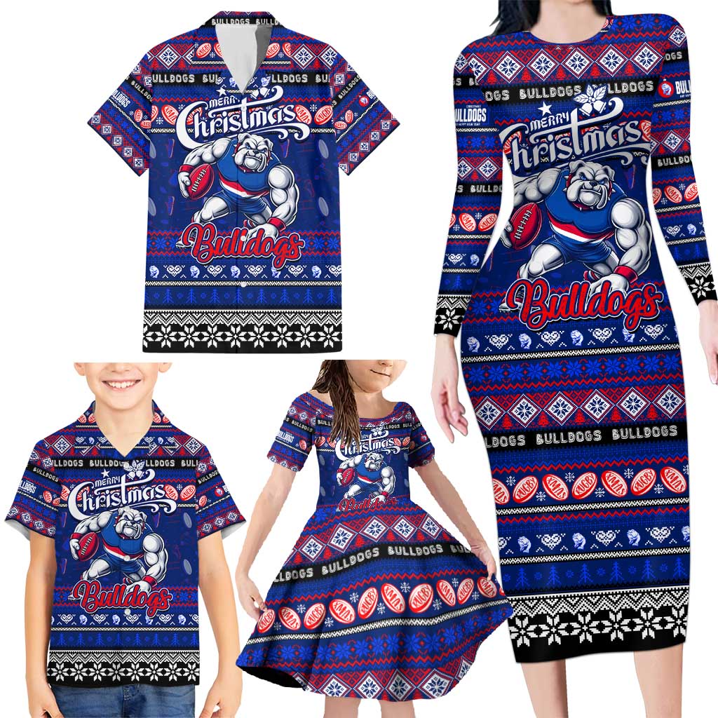 Personalized Bulldogs Rugby Xmas Family Matching Long Sleeve Bodycon Dress and Hawaiian Shirt Australia AFL Mascot