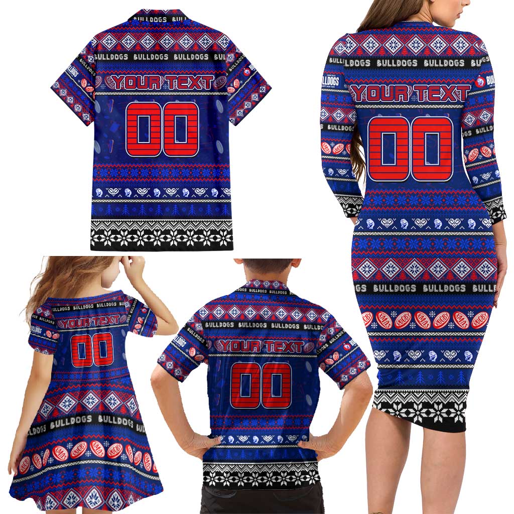 Personalized Bulldogs Rugby Xmas Family Matching Long Sleeve Bodycon Dress and Hawaiian Shirt Australia AFL Mascot
