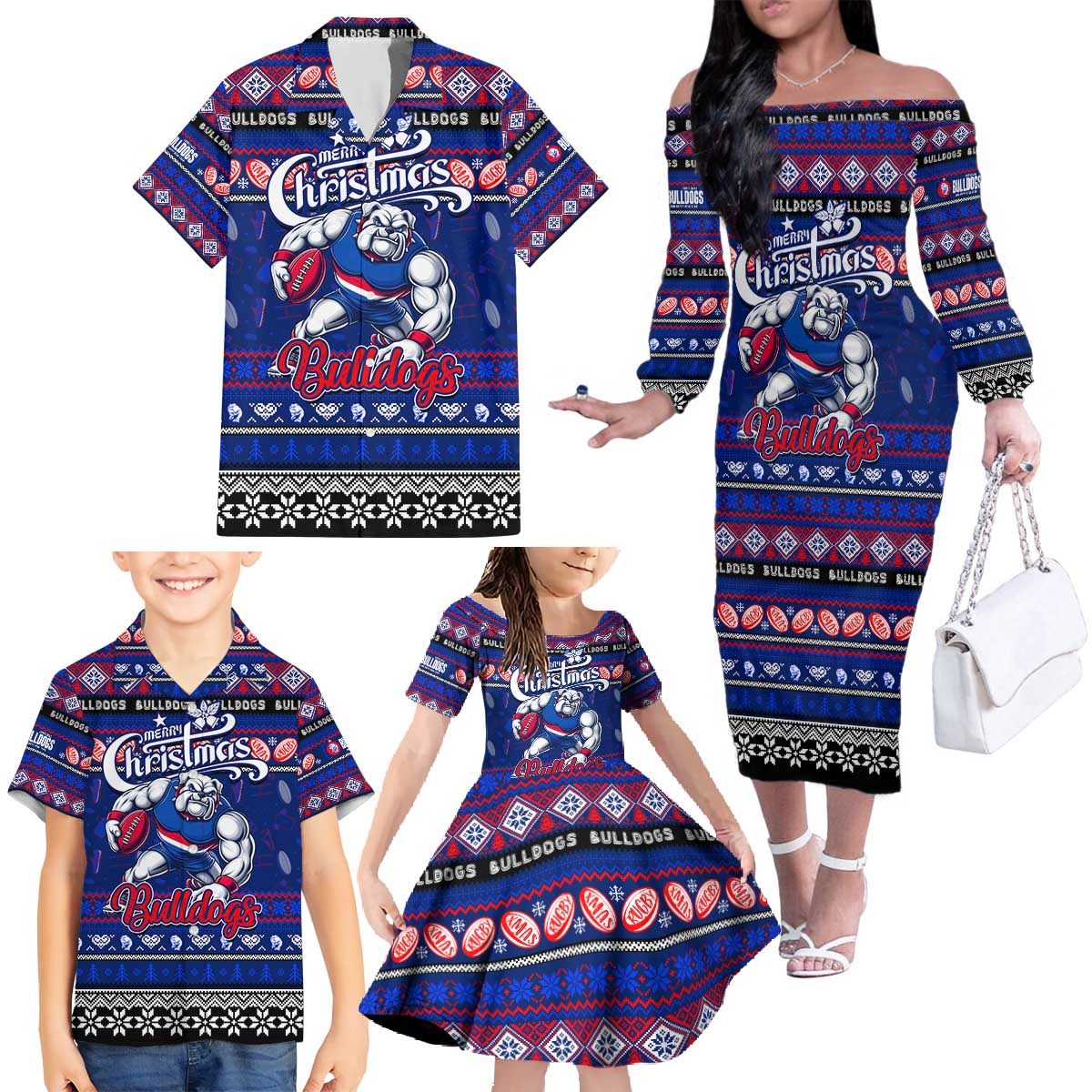 Personalized Bulldogs Rugby Xmas Family Matching Off The Shoulder Long Sleeve Dress and Hawaiian Shirt Australia AFL Mascot