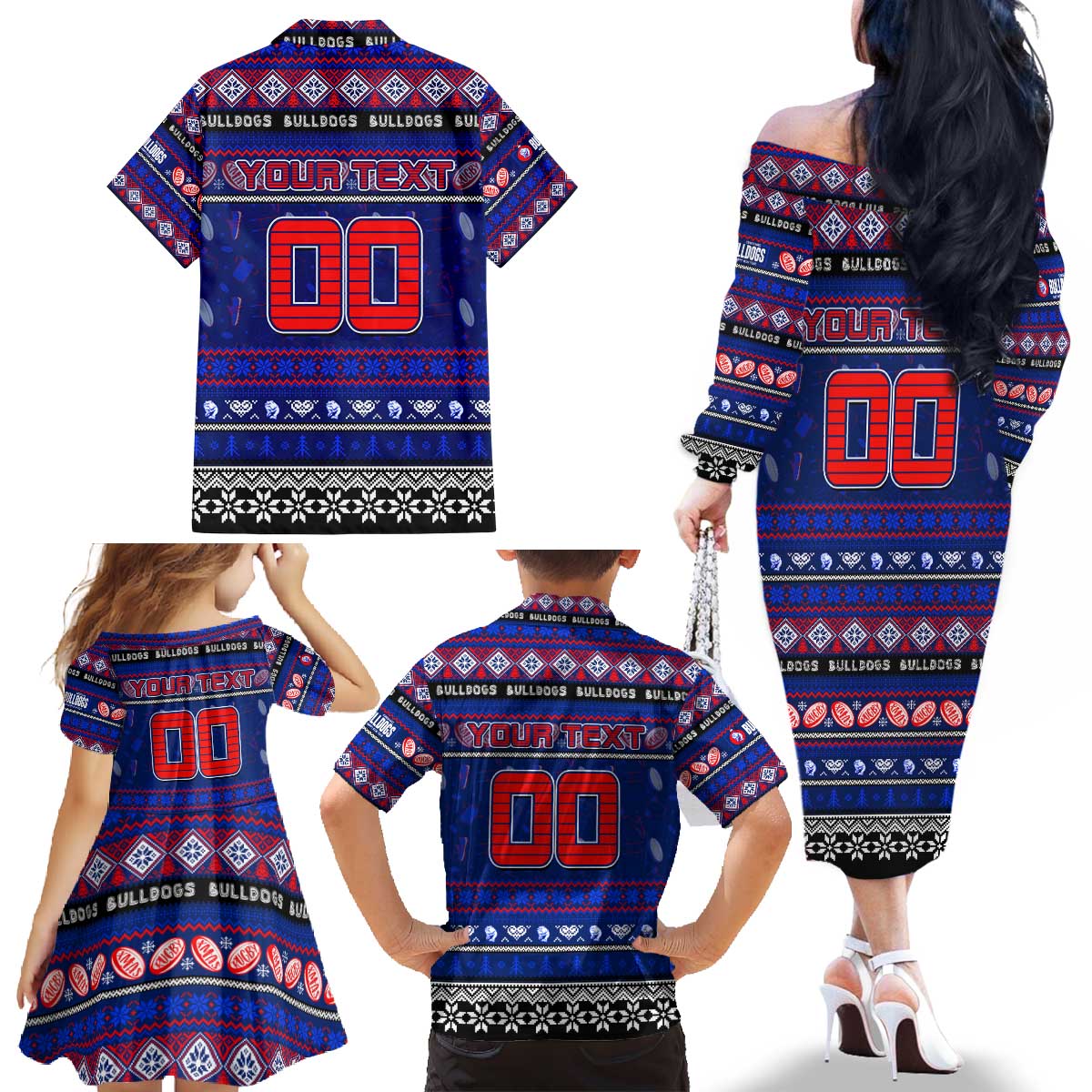Personalized Bulldogs Rugby Xmas Family Matching Off The Shoulder Long Sleeve Dress and Hawaiian Shirt Australia AFL Mascot