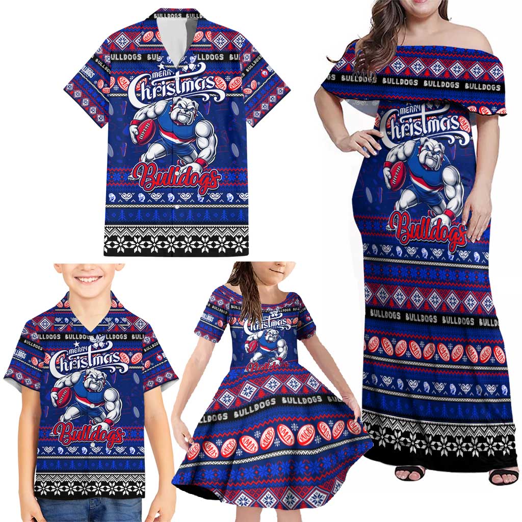 Personalized Bulldogs Rugby Xmas Family Matching Off Shoulder Maxi Dress and Hawaiian Shirt Australia AFL Mascot