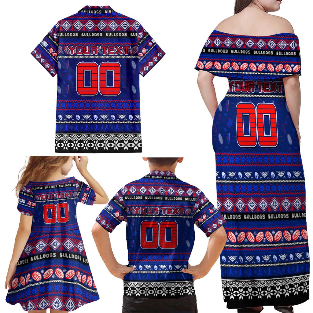 Personalized Bulldogs Rugby Xmas Family Matching Off Shoulder Maxi Dress and Hawaiian Shirt Australia AFL Mascot