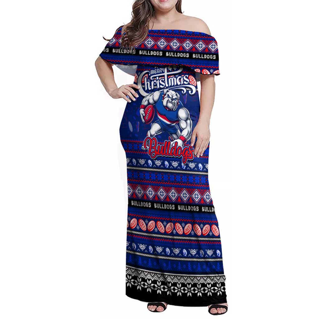 Personalized Bulldogs Rugby Xmas Family Matching Off Shoulder Maxi Dress and Hawaiian Shirt Australia AFL Mascot