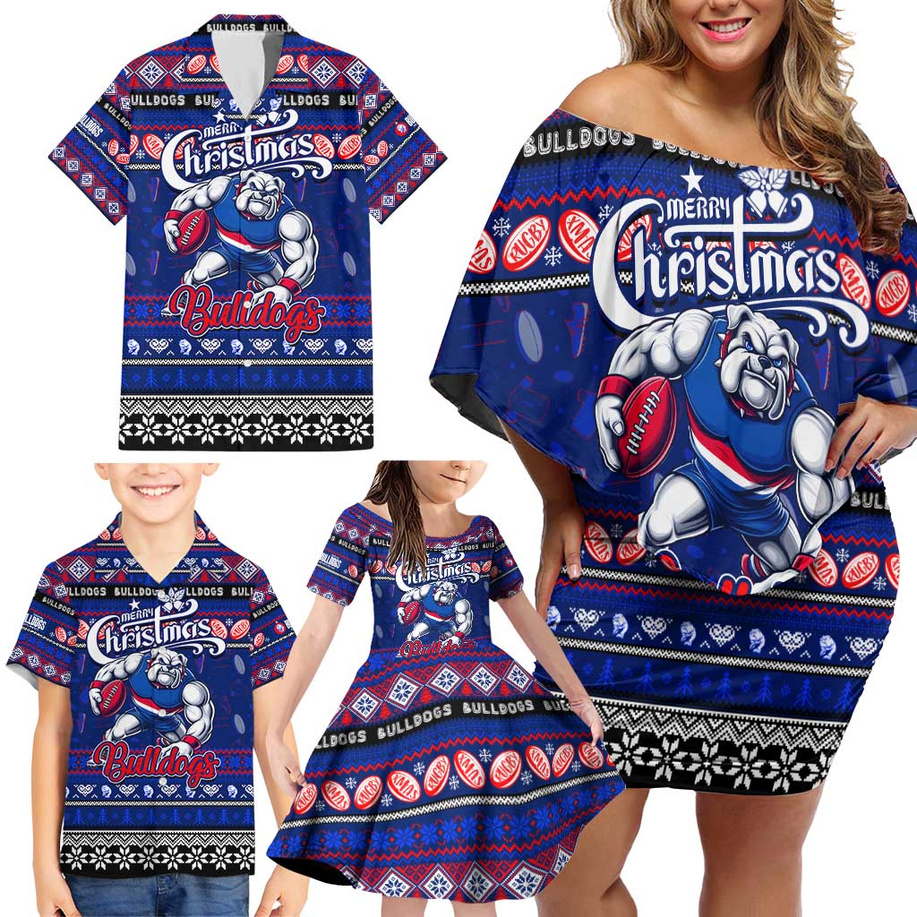 Personalized Bulldogs Rugby Xmas Family Matching Off Shoulder Short Dress and Hawaiian Shirt Australia AFL Mascot
