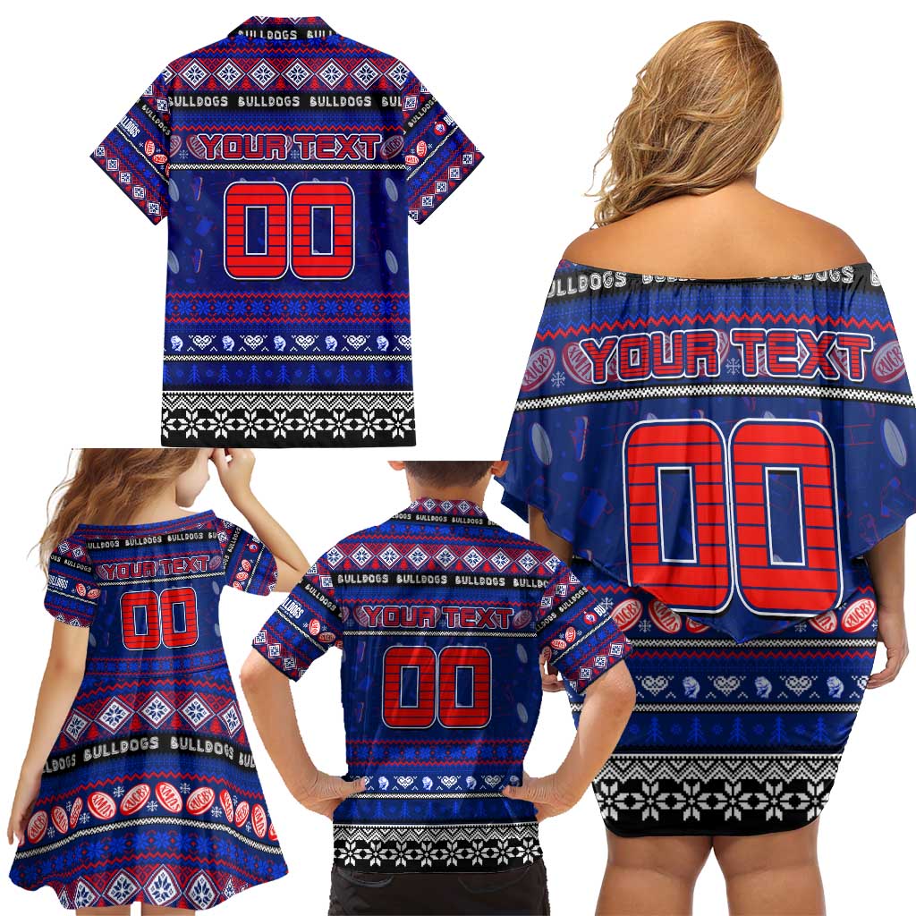 Personalized Bulldogs Rugby Xmas Family Matching Off Shoulder Short Dress and Hawaiian Shirt Australia AFL Mascot