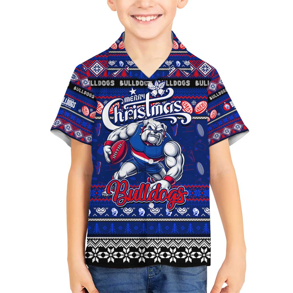Personalized Bulldogs Rugby Xmas Family Matching Off Shoulder Short Dress and Hawaiian Shirt Australia AFL Mascot