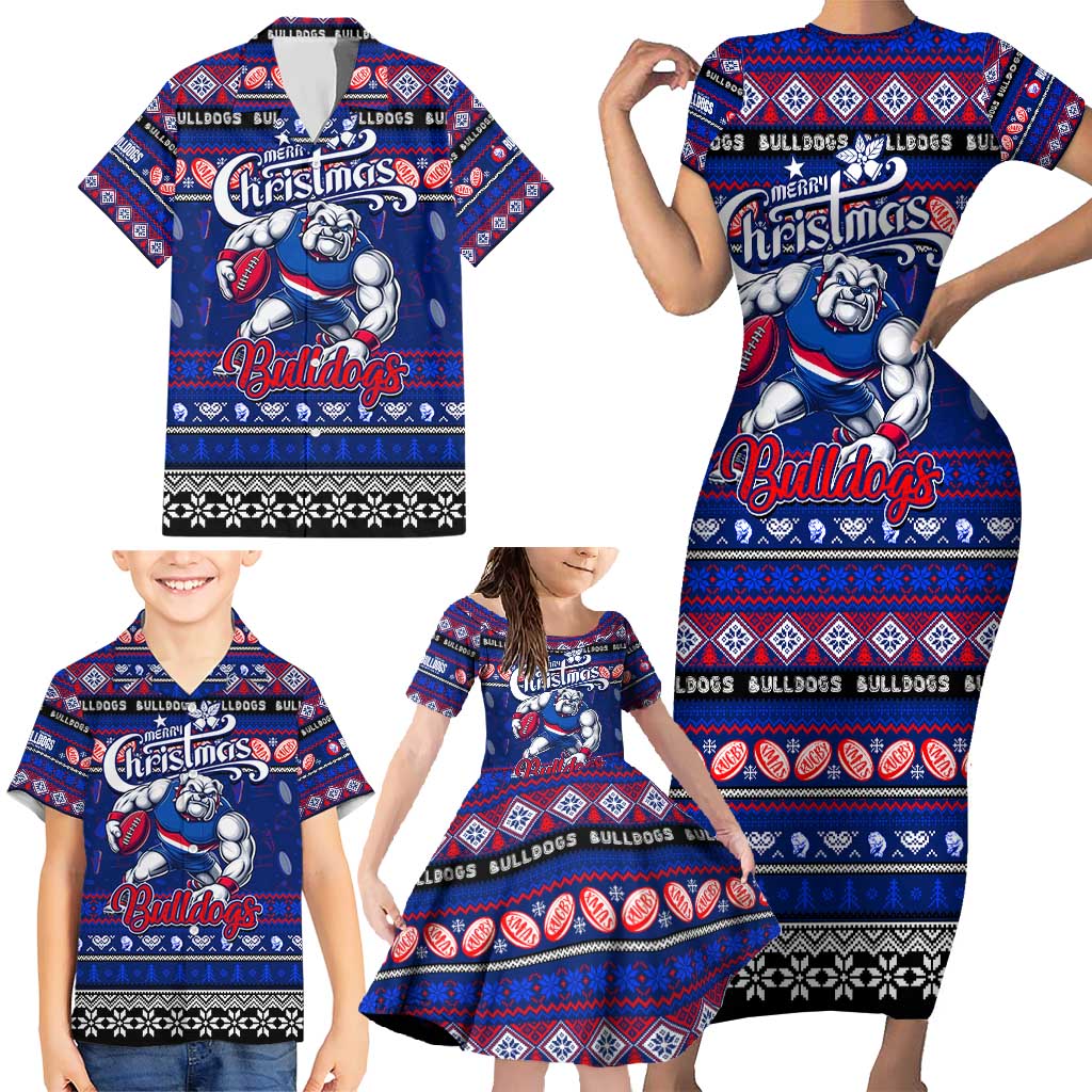 Personalized Bulldogs Rugby Xmas Family Matching Short Sleeve Bodycon Dress and Hawaiian Shirt Australia AFL Mascot