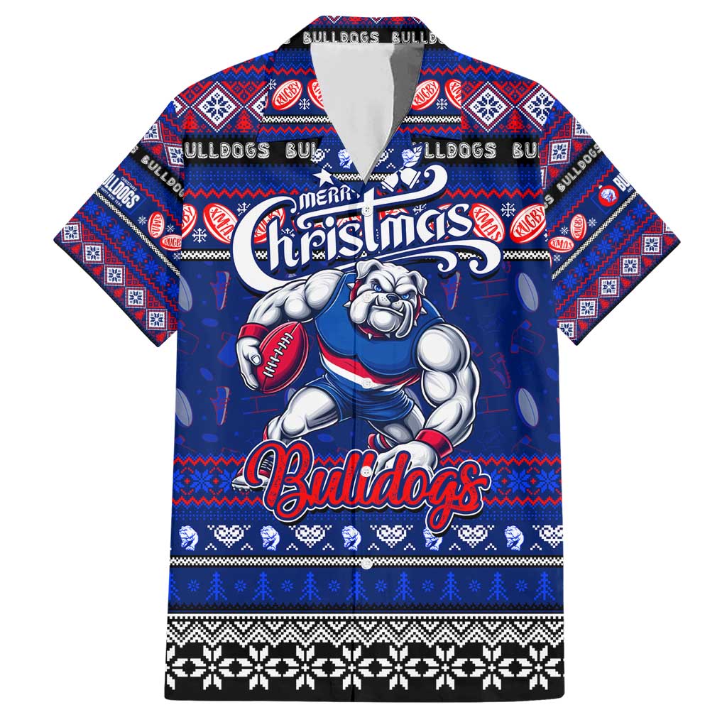Personalized Bulldogs Rugby Xmas Family Matching Short Sleeve Bodycon Dress and Hawaiian Shirt Australia AFL Mascot
