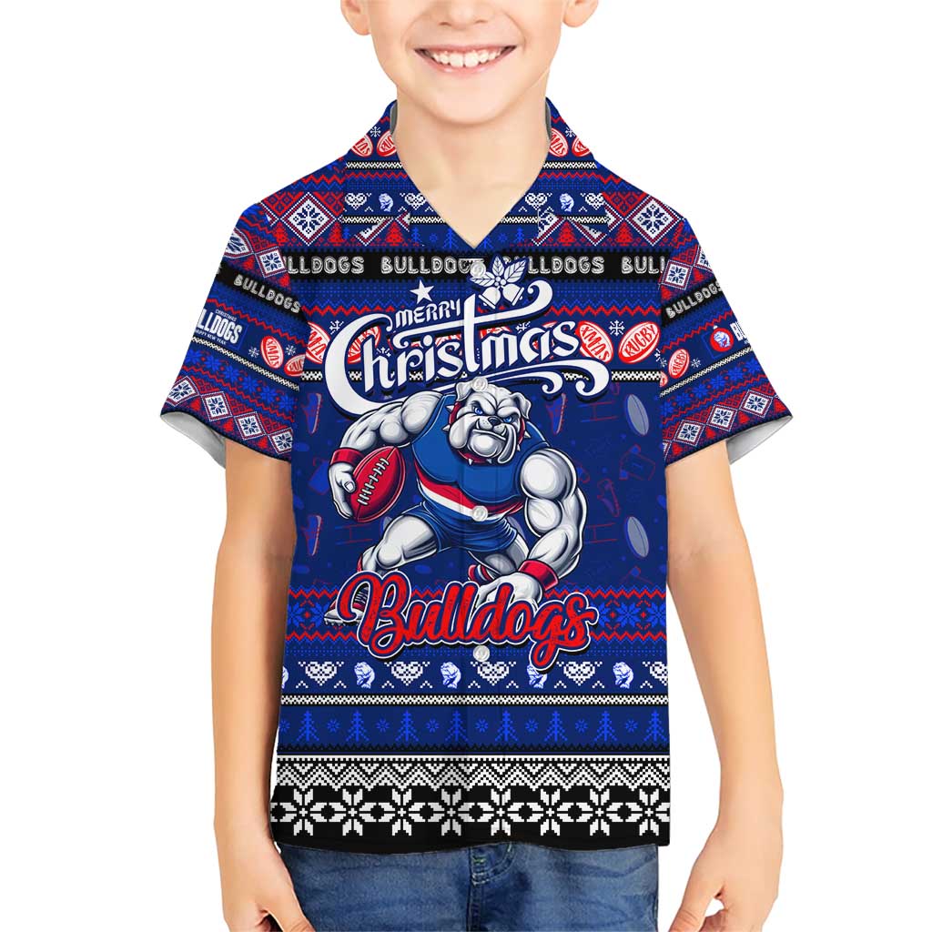 Personalized Bulldogs Rugby Xmas Family Matching Short Sleeve Bodycon Dress and Hawaiian Shirt Australia AFL Mascot