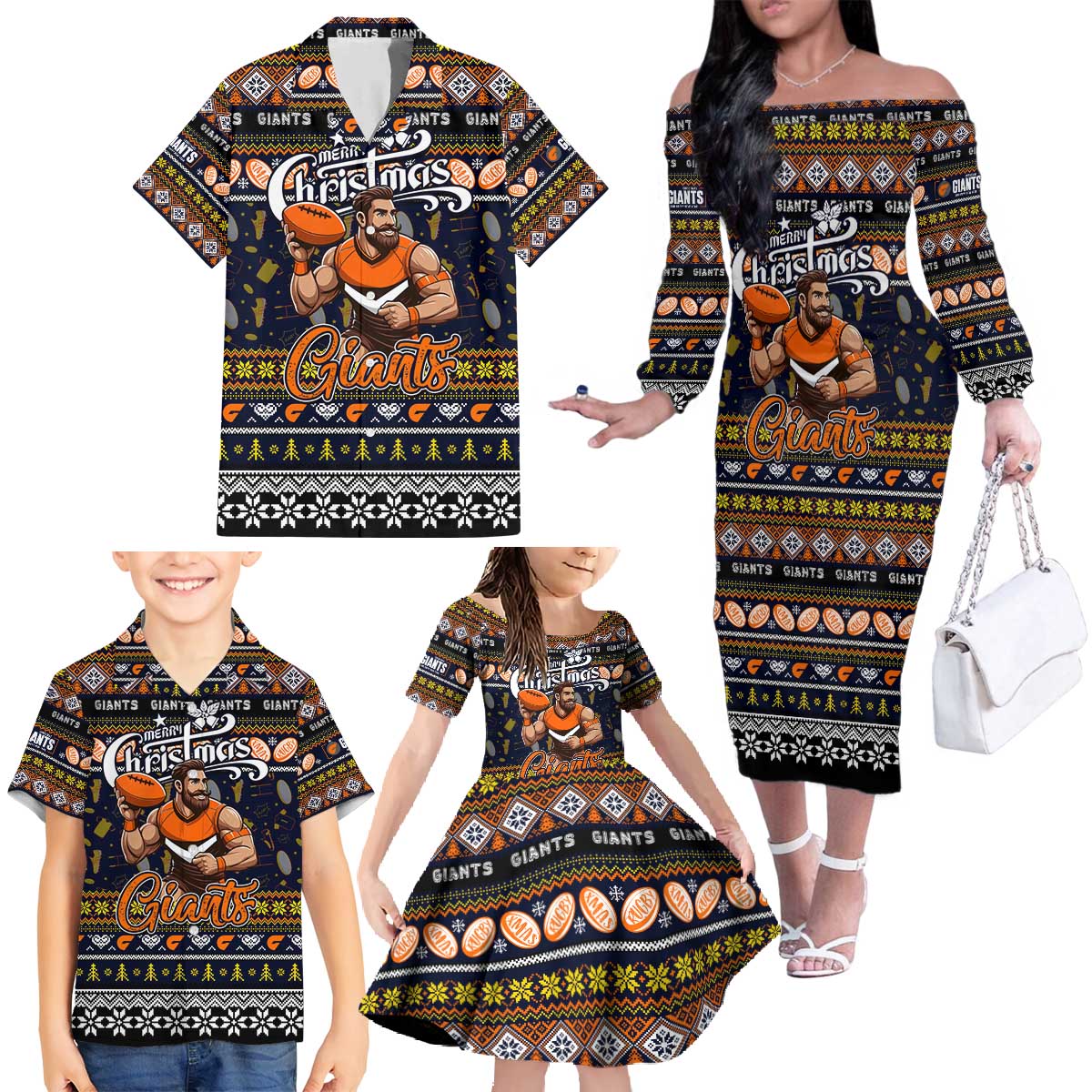 Personalized Giants Rugby Xmas Family Matching Off The Shoulder Long Sleeve Dress and Hawaiian Shirt Australia AFL Mascot