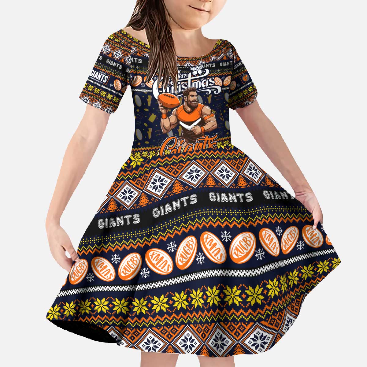 Personalized Giants Rugby Xmas Family Matching Off The Shoulder Long Sleeve Dress and Hawaiian Shirt Australia AFL Mascot