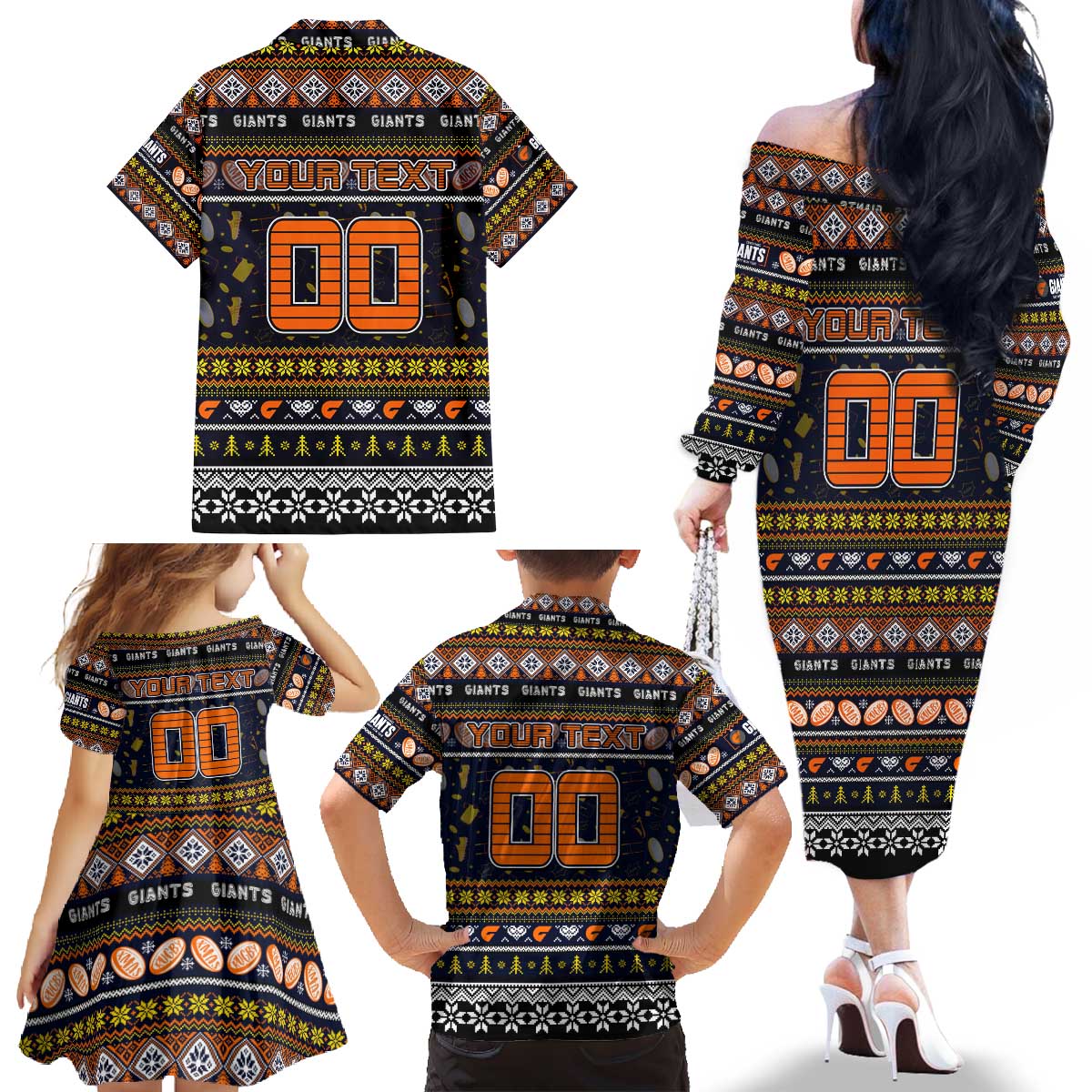 Personalized Giants Rugby Xmas Family Matching Off The Shoulder Long Sleeve Dress and Hawaiian Shirt Australia AFL Mascot