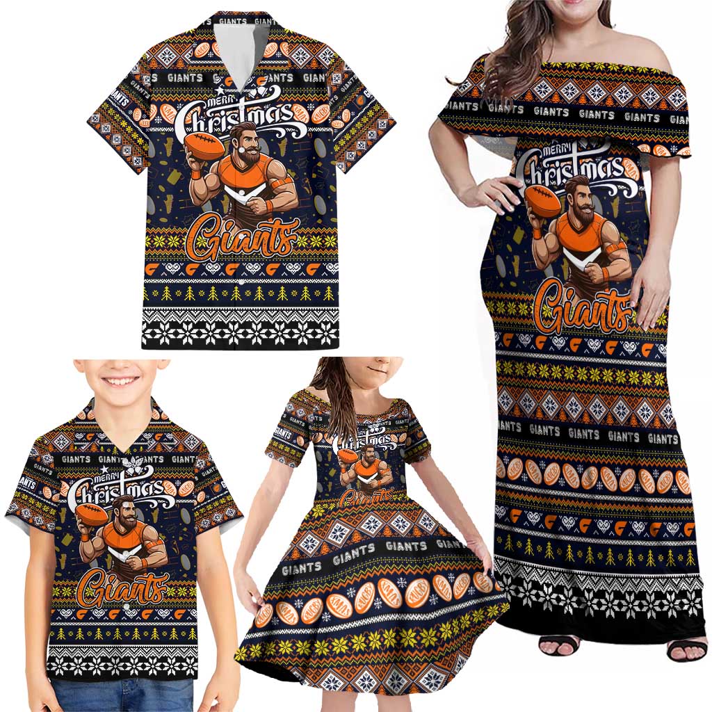 Personalized Giants Rugby Xmas Family Matching Off Shoulder Maxi Dress and Hawaiian Shirt Australia AFL Mascot