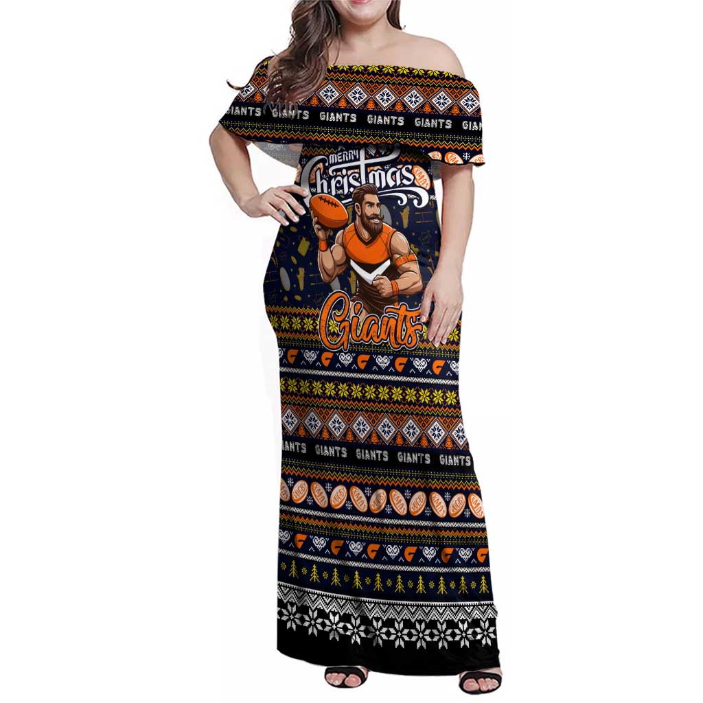 Personalized Giants Rugby Xmas Family Matching Off Shoulder Maxi Dress and Hawaiian Shirt Australia AFL Mascot