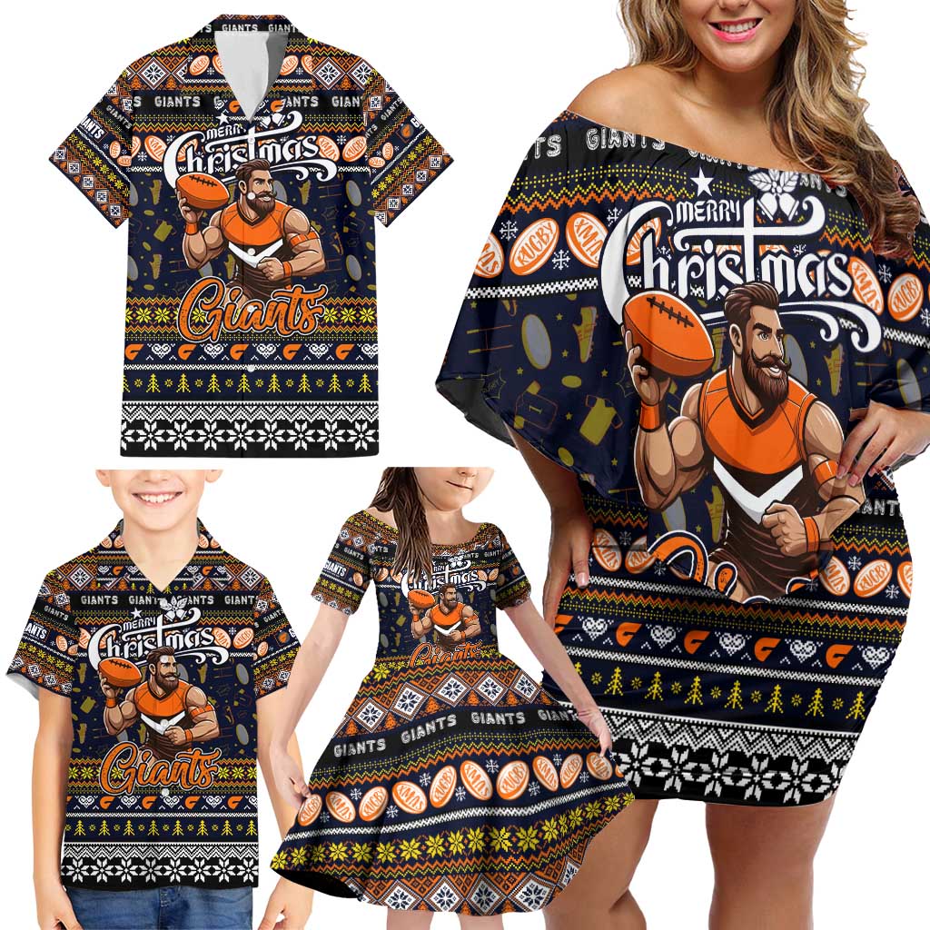 Personalized Giants Rugby Xmas Family Matching Off Shoulder Short Dress and Hawaiian Shirt Australia AFL Mascot