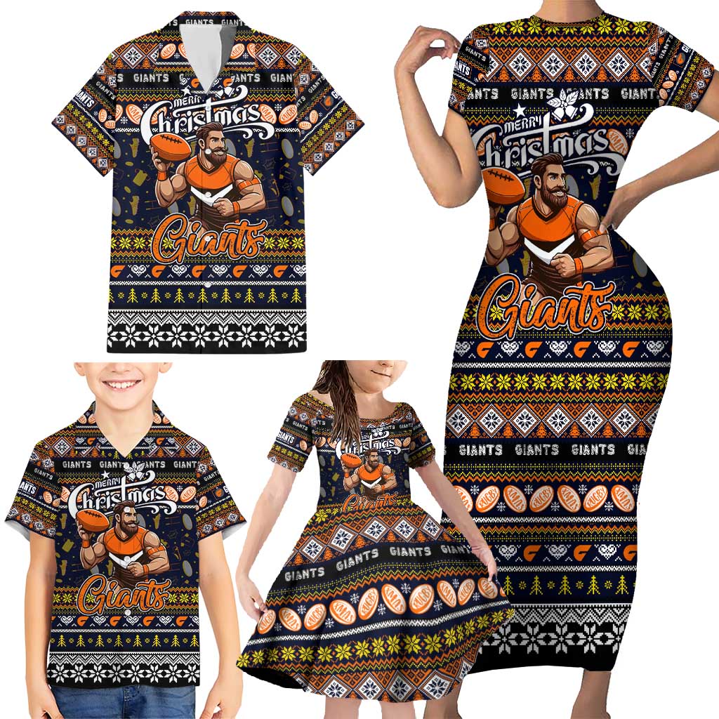 Personalized Giants Rugby Xmas Family Matching Short Sleeve Bodycon Dress and Hawaiian Shirt Australia AFL Mascot