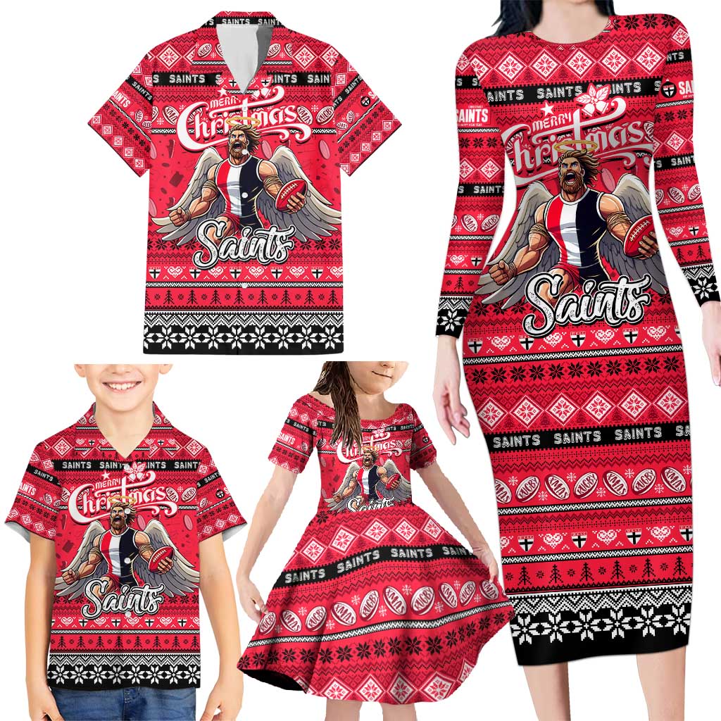 Personalized Saints Rugby Xmas Family Matching Long Sleeve Bodycon Dress and Hawaiian Shirt Australia AFL Mascot