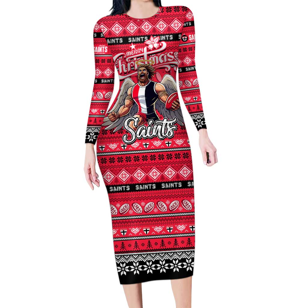 Personalized Saints Rugby Xmas Family Matching Long Sleeve Bodycon Dress and Hawaiian Shirt Australia AFL Mascot