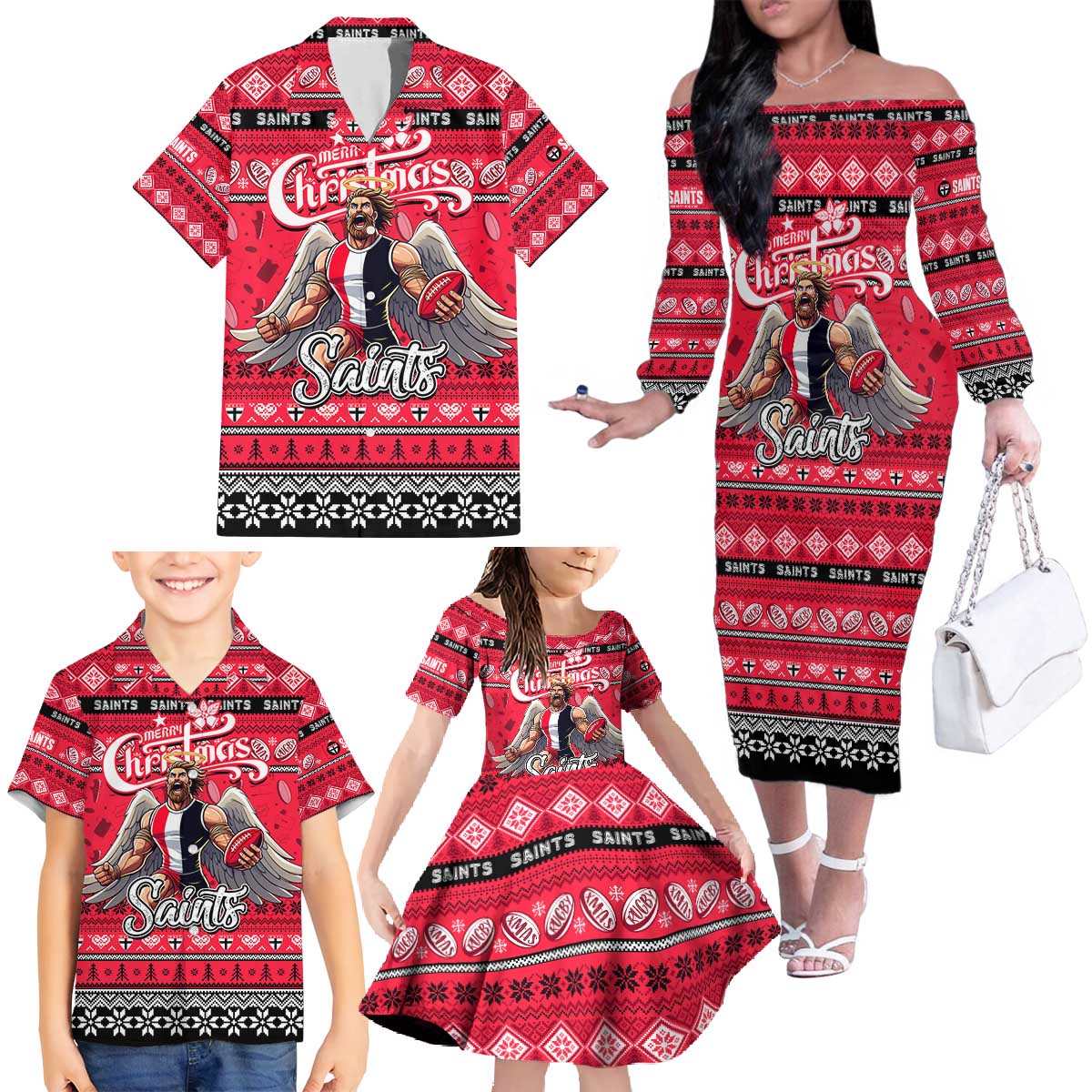 Personalized Saints Rugby Xmas Family Matching Off The Shoulder Long Sleeve Dress and Hawaiian Shirt Australia AFL Mascot
