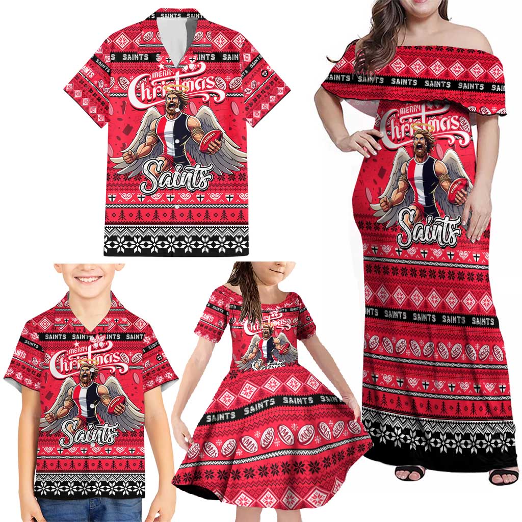 Personalized Saints Rugby Xmas Family Matching Off Shoulder Maxi Dress and Hawaiian Shirt Australia AFL Mascot