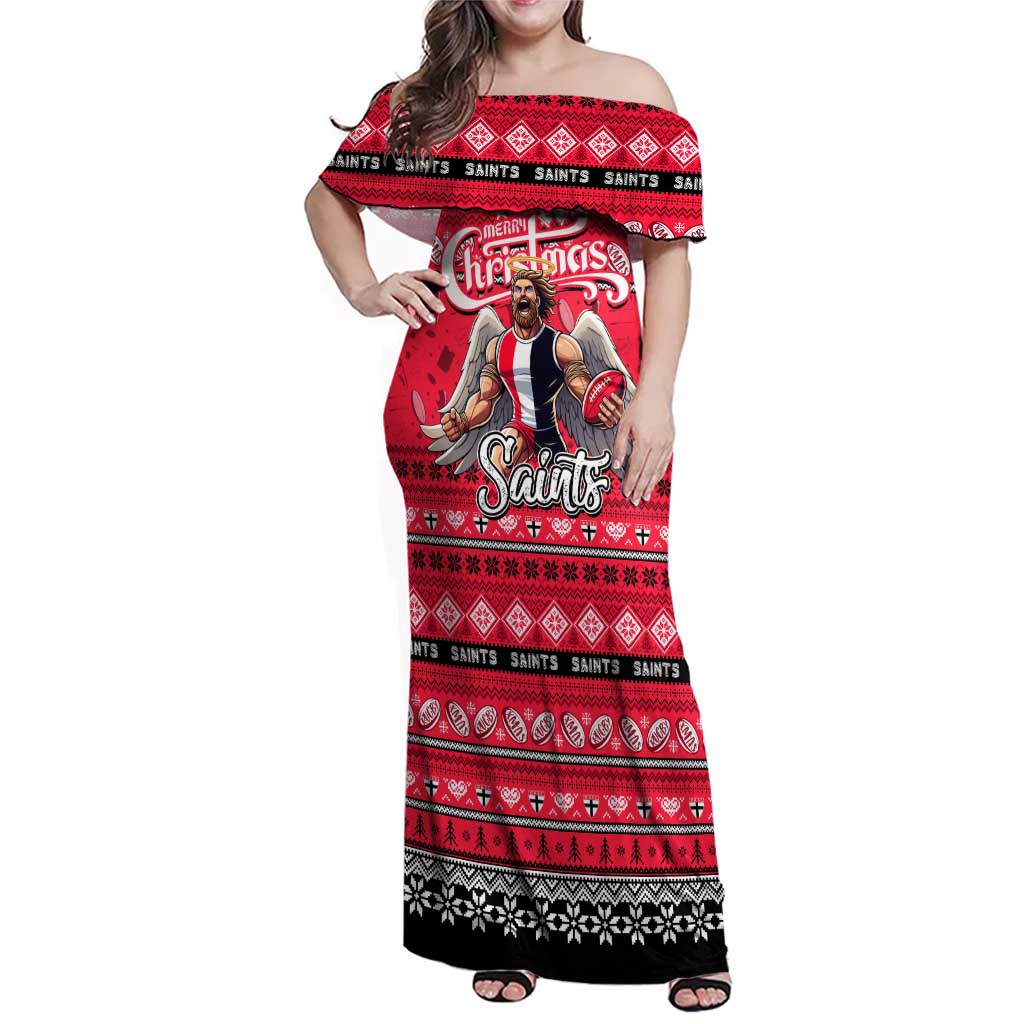 Personalized Saints Rugby Xmas Family Matching Off Shoulder Maxi Dress and Hawaiian Shirt Australia AFL Mascot