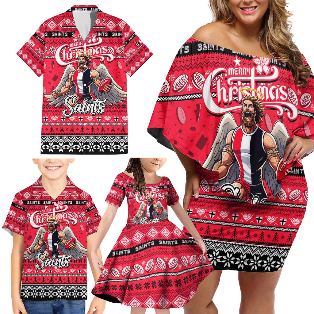 Personalized Saints Rugby Xmas Family Matching Off Shoulder Short Dress and Hawaiian Shirt Australia AFL Mascot