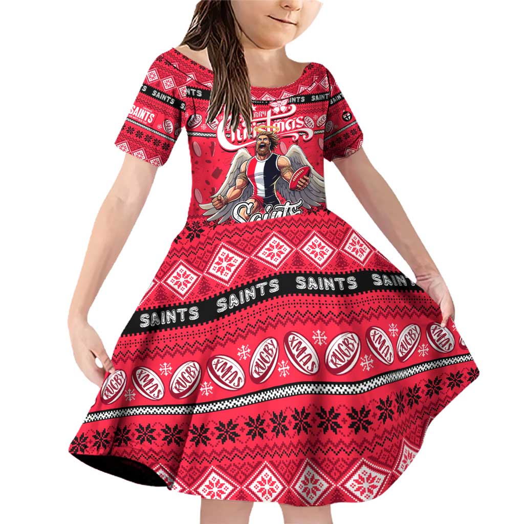 Personalized Saints Rugby Xmas Family Matching Off Shoulder Short Dress and Hawaiian Shirt Australia AFL Mascot