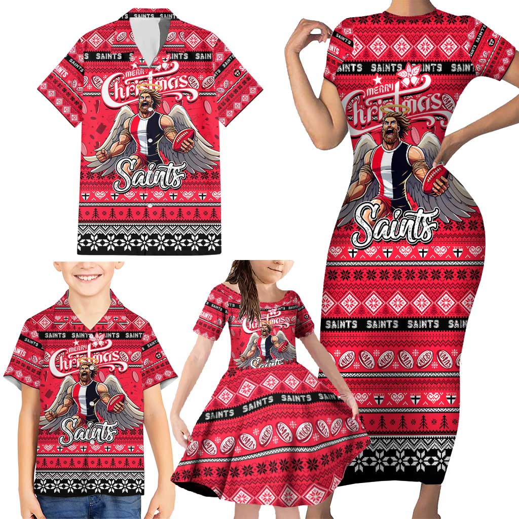 Personalized Saints Rugby Xmas Family Matching Short Sleeve Bodycon Dress and Hawaiian Shirt Australia AFL Mascot