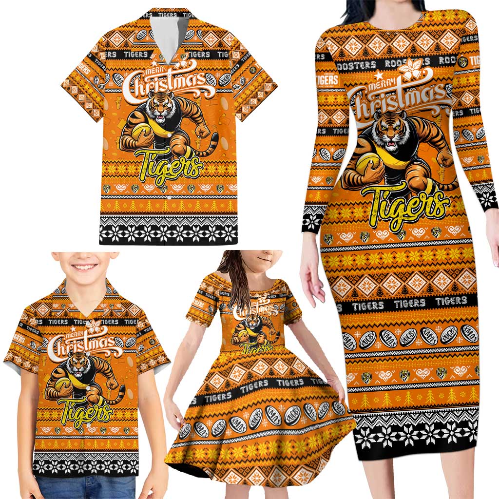 Personalized Tigers Rugby Xmas Family Matching Long Sleeve Bodycon Dress and Hawaiian Shirt Australia AFL Mascot