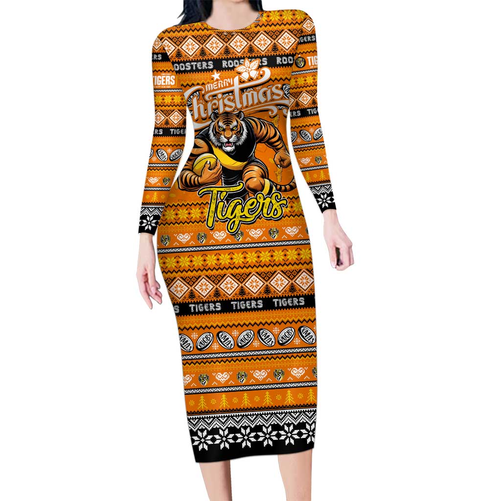 Personalized Tigers Rugby Xmas Family Matching Long Sleeve Bodycon Dress and Hawaiian Shirt Australia AFL Mascot