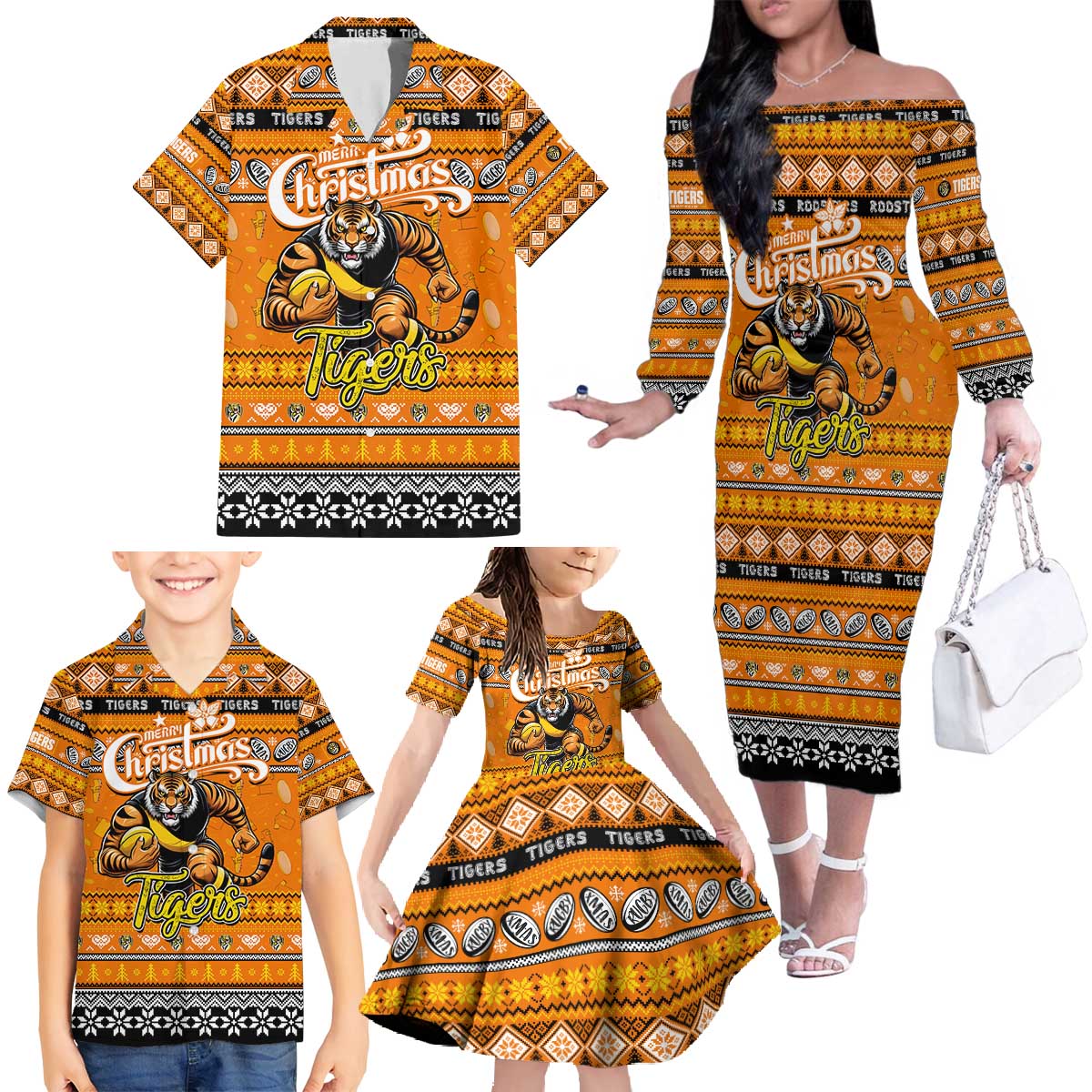 Personalized Tigers Rugby Xmas Family Matching Off The Shoulder Long Sleeve Dress and Hawaiian Shirt Australia AFL Mascot