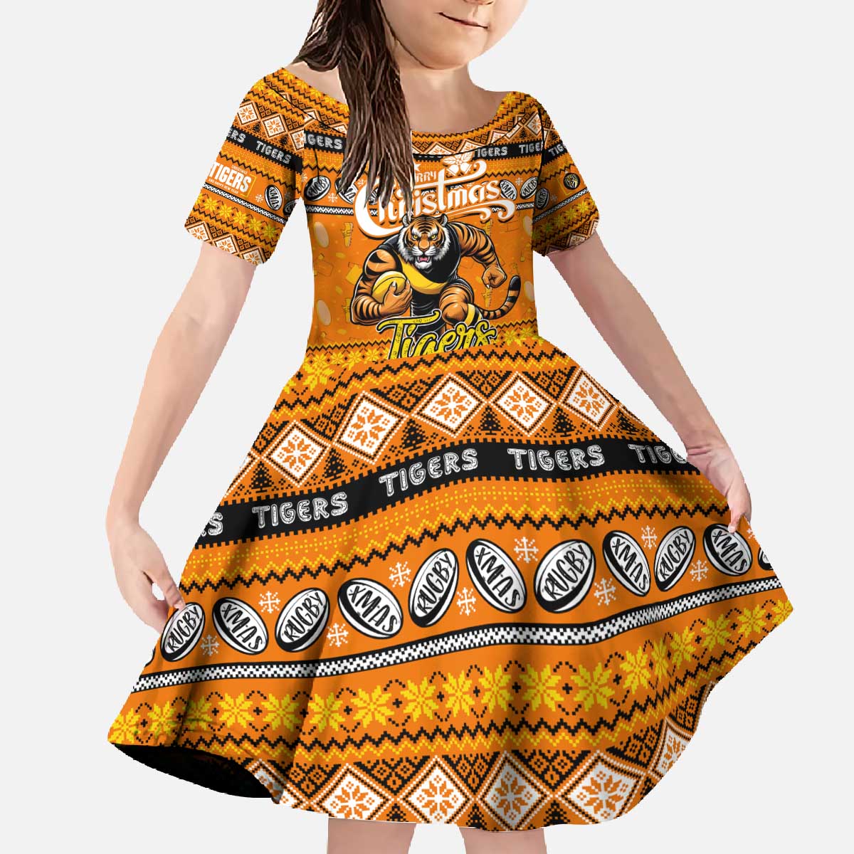 Personalized Tigers Rugby Xmas Family Matching Off The Shoulder Long Sleeve Dress and Hawaiian Shirt Australia AFL Mascot