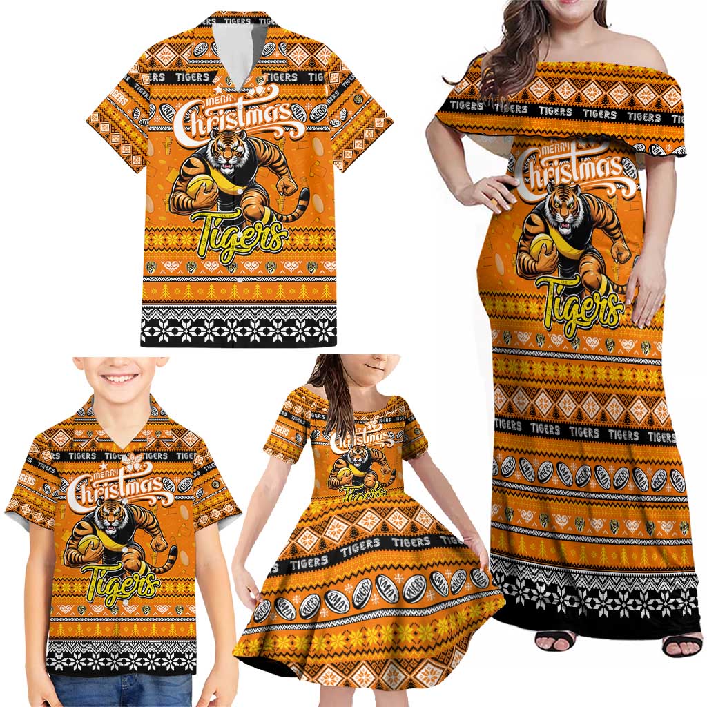 Personalized Tigers Rugby Xmas Family Matching Off Shoulder Maxi Dress and Hawaiian Shirt Australia AFL Mascot