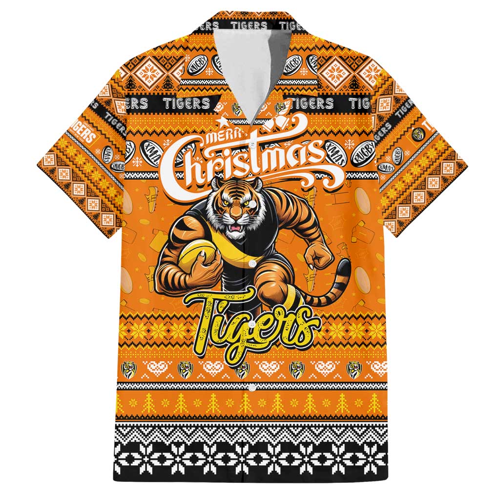 Personalized Tigers Rugby Xmas Family Matching Off Shoulder Maxi Dress and Hawaiian Shirt Australia AFL Mascot