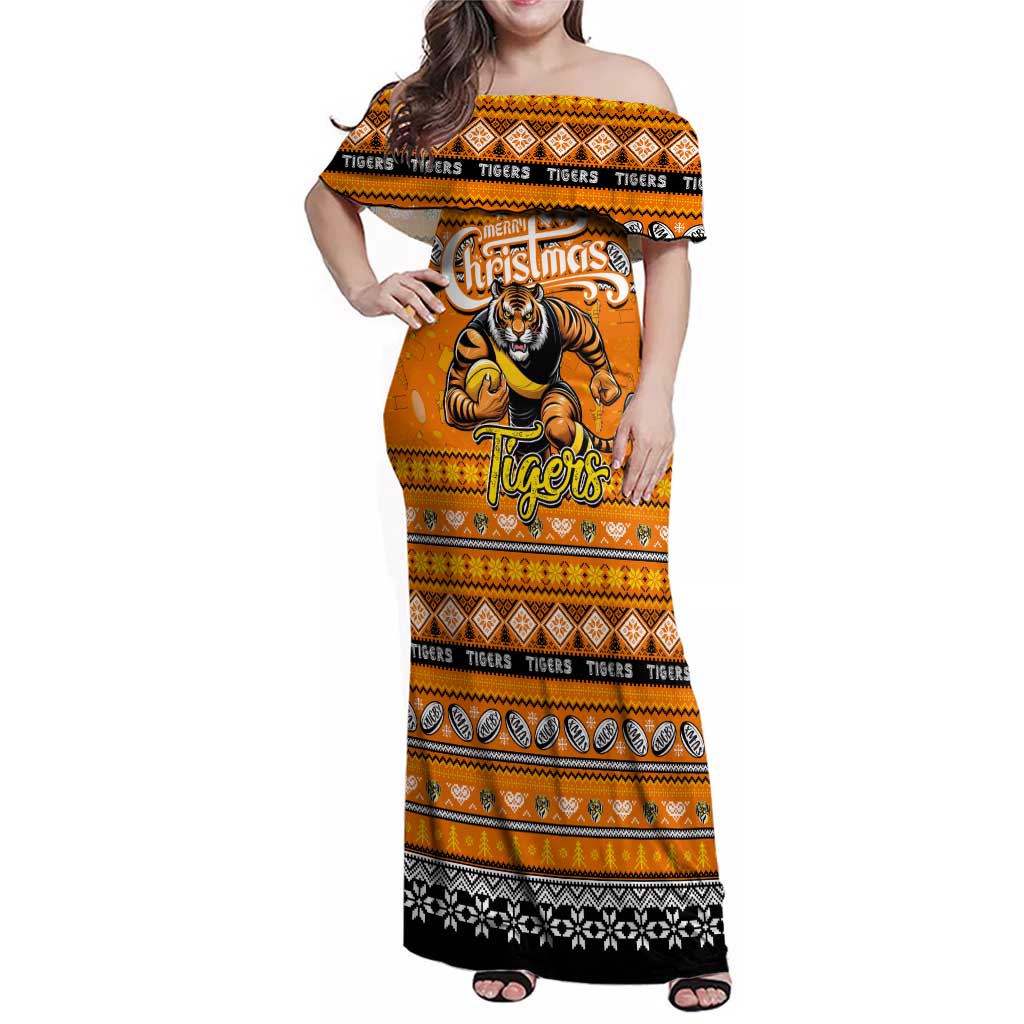 Personalized Tigers Rugby Xmas Family Matching Off Shoulder Maxi Dress and Hawaiian Shirt Australia AFL Mascot