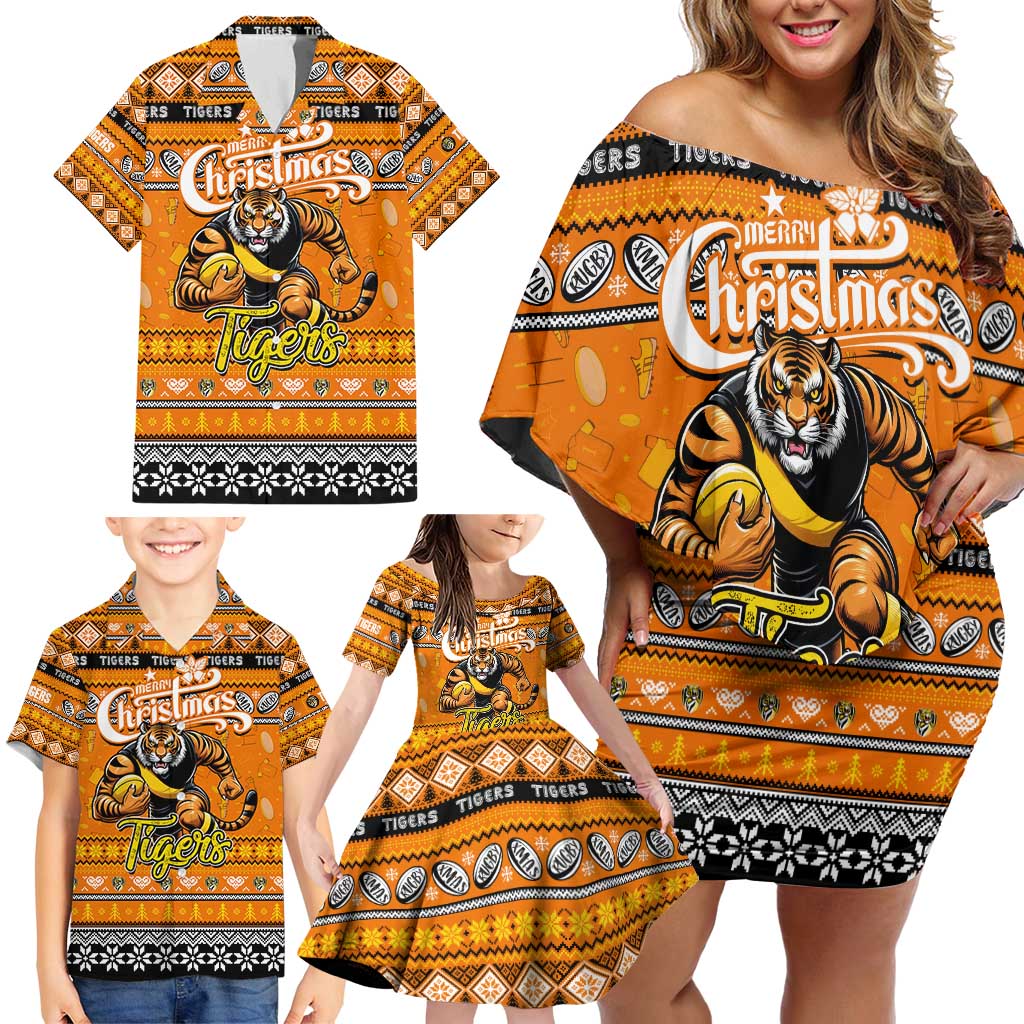 Personalized Tigers Rugby Xmas Family Matching Off Shoulder Short Dress and Hawaiian Shirt Australia AFL Mascot